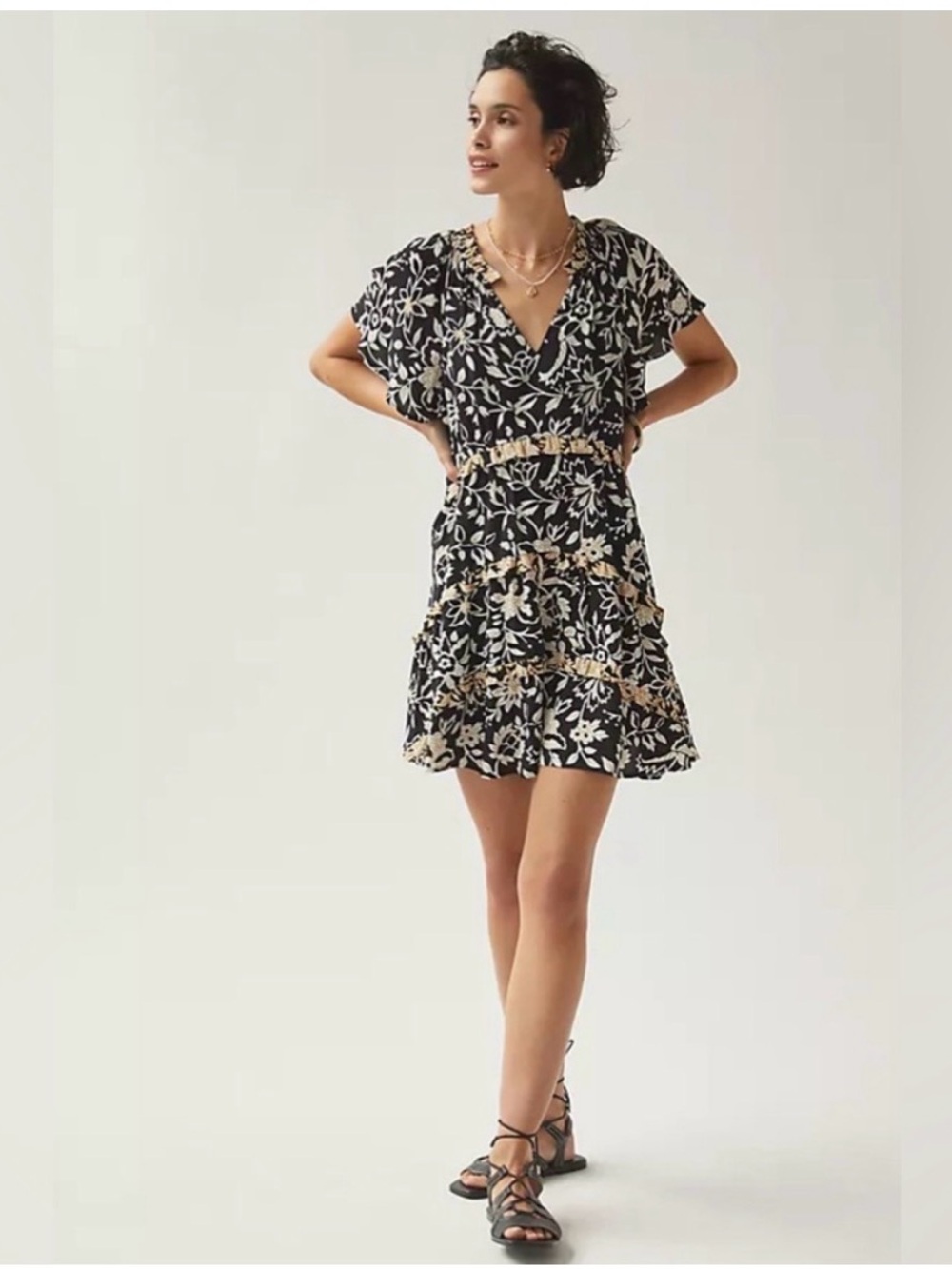 Anthropologie Black and Cream Floral V-Neck Tie-Waist Mini Dress